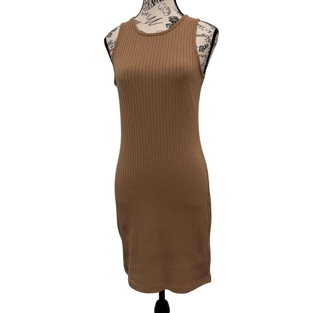 BTFBM Womens Small Ribbed Tank Dress Tan Beige Bodycon Sleeveless Mini Dress